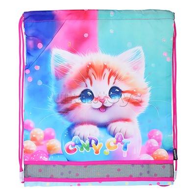Сумка для сменной обуви "Candy Cat" 40x47 см, водоотталкивающая ткань, на веревочной завязке, с вставкой из пластиковой сетки для вентиляции, с петлей для повеса и переноски