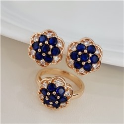Комплект ювелирной бижутерии коллекция "Дубай" серьги и кольцо 17 р, покрытие позолота, вставка: фианиты, цвет: синий, арт.313.207-17