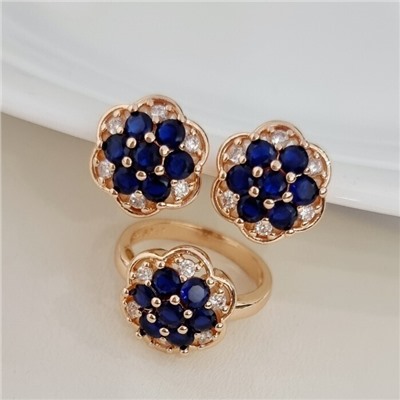 Комплект ювелирной бижутерии коллекция "Дубай" серьги и кольцо 19 р, покрытие позолота, вставка: фианиты, цвет: синий, арт.313.207-19