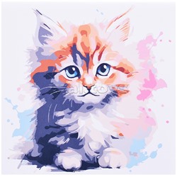 Холст с красками 20х20 по номерам "Красочный пушистый котёнок" в коробке (16цв.)