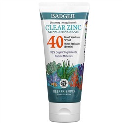 Badger Company, Clear Zinc Sunscreen Cream, SPF40, Unscented, 2.9 fl oz (87 ml)