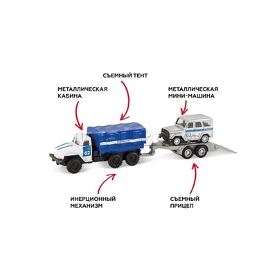 Набор машин "Грузовик с прицепом. Полиция" металл, инерц, съемный тент,