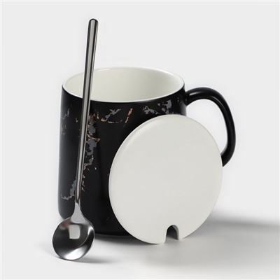 Кружка с ложкой «Чёрный мрамор», 350 мл, керамика, чёрная