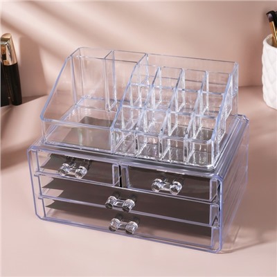 Бокс для хранения косметики, 20 секций, 23.5×14.5×19 см, 4 выдвижных ящика, прозрачный