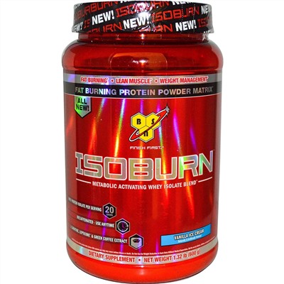 BSN, Isoburn, Комплекс изолята сывороточного белка для усиления метаболизма со вкусом ванильного мороженного, 1,32 фунта (600 г)