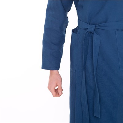 Халат вафельный запашной мужской, размер 52, хлопок 100%, синий