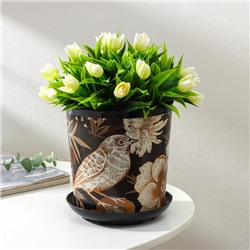 Горшок для цветов с поддоном Доляна «Голди.Птицы», 1.6 л, d=14 см, h=15.5 см, пластиковый, цвет чёрный