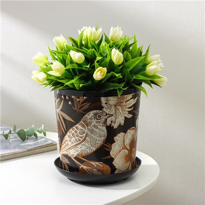 Горшок для цветов с поддоном Доляна «Голди.Птицы», 1.6 л, d=14 см, h=15.5 см, пластиковый, цвет чёрный