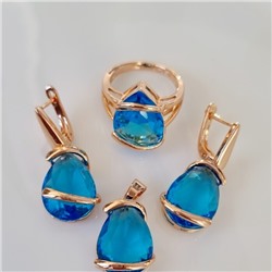 Комплект ювелирная бижутерия коллекция  "Дубай" серьги, кулон и кольцо 17 р, покрытие: позолота, вставка: фианит, цвет: голубой, арт.313.062-17