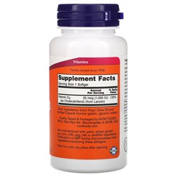 Now Foods, витамин D3, высокоактивный, 25 мкг (1000 МЕ), 180 мягких таблеток