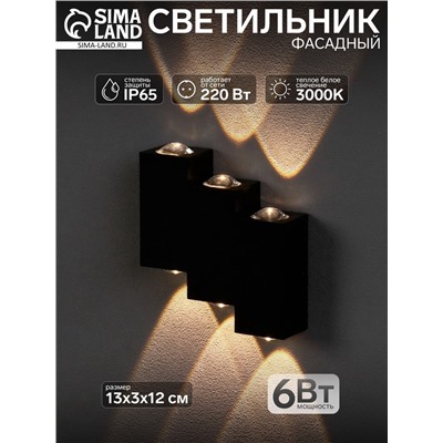 Светильник фасадный «Луч», 6 Вт, 3000К, 3 луча, IP65, 220 В, металлический корпус, чёрный, свечение тёплое белое