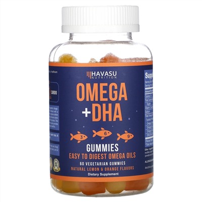 Havasu Nutrition, Omega + DHA Gummies, Natural Lemon & Orange, 60 Vegetarian Gummies
