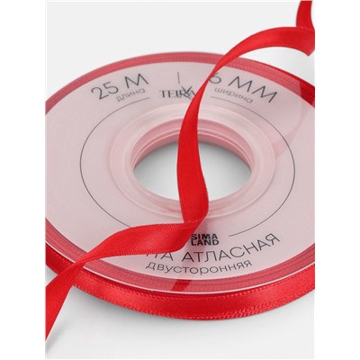 Лента атласная TEIRA, двухсторонняя, 6 мм, 25±1 м, красная №0250