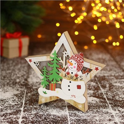 Светильник новогодний «Снеговик в лесу с подарками, в звезде» 16.5×16 см