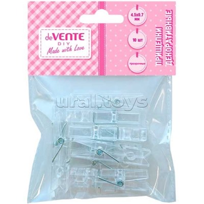 Прищепки декоративные "DIY Transparent" пластиковые, размер 45x7 мм, 10 шт, прозрачные, в пластиковом пакете с блистерным подвесом
