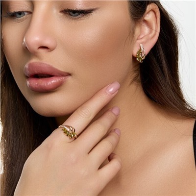 Комплект ювелирной бижутерии коллекция "Дубай" серьги и кольцо 17 р, покрытие позолота, вставка: фианиты и цирконы, цвет: оливковый и прозрачный, арт.215.746-17