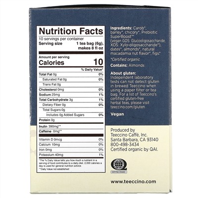 Teeccino, Prebiotic Herbal Tea, Organic Macadamia Nut, Caffeine Free, 10 Tea Bags, 2.12 oz (60 g)