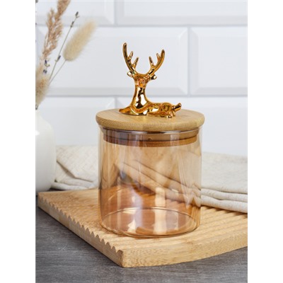 Банка для сыпучих бамбуковая крышка с фигуркой 350 мл 8х8 см / 9859 /уп 120/ новогодняя