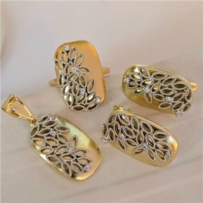 Комплект ювелирной бижутерии Итальянское золото (покрытие желтое 14к), серьги, кулон и кольцо 17 р, вставка: фианиты, цвет: прозрачный, арт.216.429-17