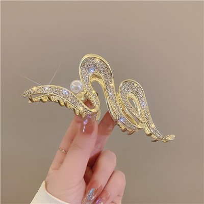 Краб для волос металлический блестящий Змейка с Жемчужиной, 11 см.