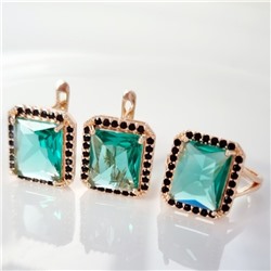 Комплект ювелирной бижутерии коллекция "Дубай" серьги и кольцо 17 р, покрытие позолота, вставка: фианиты, цвет: морская волна и черный, арт.215.360-17