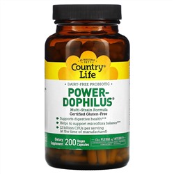 Country Life, Power-Dophilus, безмолочный пробиотик, 200 веганских капсул