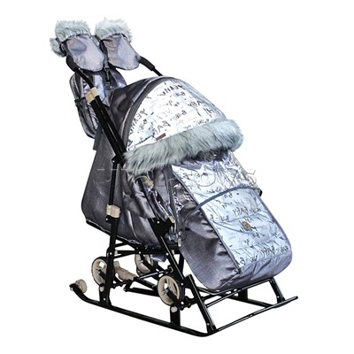 Санки-коляска "Glory gloss" (сатин серо-коричневый) +светоотражающая