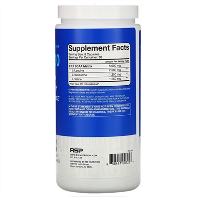 RSP Nutrition, BCAA 5000, водорастворимые аминокислоты с разветвленной цепью, 240 капсул