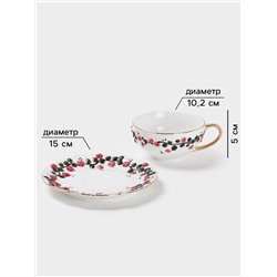 Чайная пара «Красный бутон», 2 предмета: чашка 180 мл, блюдце d=15 см, керамика, белая