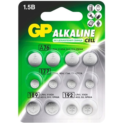 Батарейка алкалиновая GP, ACM02F-12BL (А76 по 4 шт; 164.186.189 192 по 2 шт.); 1.5 В, 12 шт.