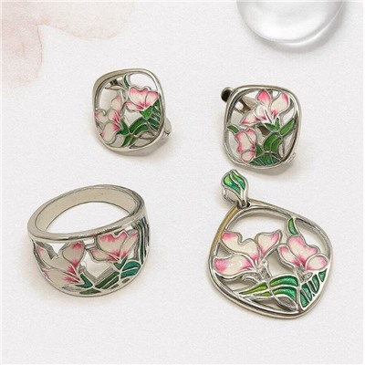 Комплект ювелирная бижутерия коллекция  "Дубай" серьги, кулон и кольцо 19 р, покрытие: посеребрение, вставка: цветная эмаль и цирконы, арт.313.273-19