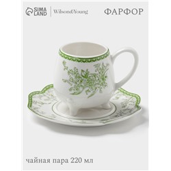 Чайная пара WY Bloomware, 2 предмета; чашка 220 мл, блюдце 15 см, фарфор, белая, зелёная