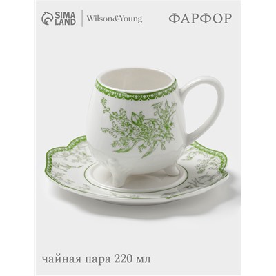 Чайная пара WY Bloomware, 2 предмета; чашка 220 мл, блюдце 15 см, фарфор, белая, зелёная