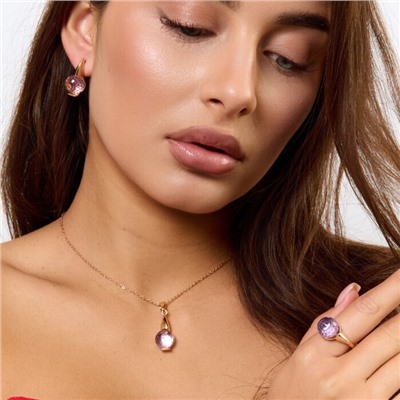 Комплект ювелирной бижутерии коллекция "Дубай" серьги, кулон и кольцо 18 р, покрытие позолота, вставка: кристалл, цвет: розовый, арт.414.197-18