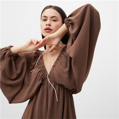 Платье мини женское MIST с глубоким вырезом, размер 48, коричневое