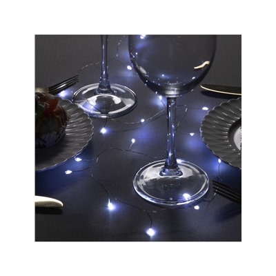 Гирлянда «Мишура» 1 м роса, IP20, серебристая нить, 20 LED, батарейки CR2032×2 (в комплекте), свечение белое