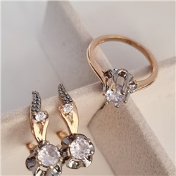 Комплект ювелирная бижутерия коллекция  "Дубай" серьги и кольцо 20 р, покрытие: позолота, вставка: фианиты, цвет: прозрачный, арт.217.327-20