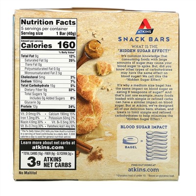 Atkins, Snickerdoodle Bar, Gluten Free, 5 Bars, 1.41 oz (40 g) Each