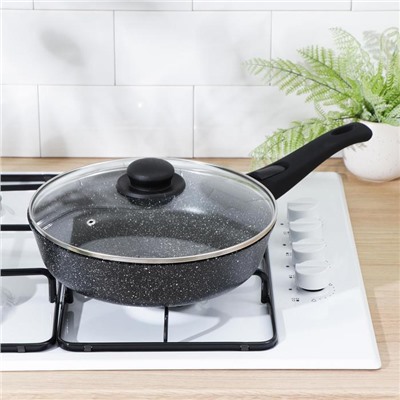 Сковорода Доляна «Элит», d=26 см, съёмная ручка, стеклянная крышка, антипригарное покрытие, алюминий, чёрная