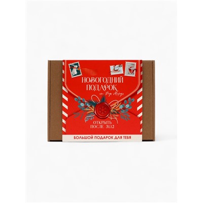 Подарочный набор гифтбокс «Новогодний подарок»: термостакан, чай, леденец, драже, молочный шоколад.