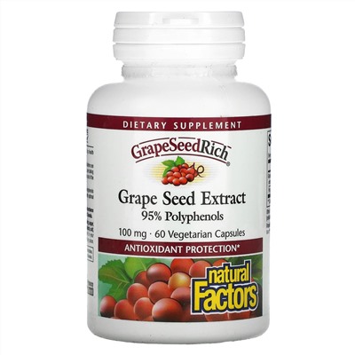Natural Factors, экстракт косточек винограда, 100 мг, 60 растительных капсул