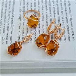 Комплект ювелирной бижутерии коллекция "Дубай",серьги, кулон, кольцо (цепочка в комплект не входит) покрытие позолота, камень янтарь, р-р 19, 5267, арт.214.984-19