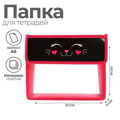 Папка для тетрадей, А5, пластиковая, 23×19×5 см «Мордочка кота»