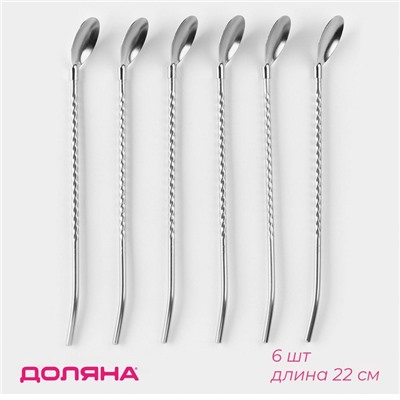Набор ложек-трубочек барных из нержавеющей стали Доляна «Витые», длина 22 см, 6 шт., серебристый