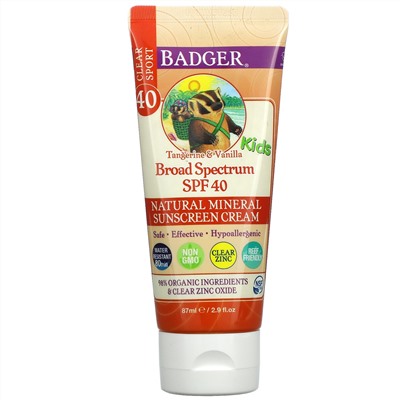 Badger Company, Clear Sport, для детей, натуральный минеральный солнцезащитный крем, солнцезащитный фактор SPF 40, мандарин и ваниль, 87 мл (2,9 жидк. унции)