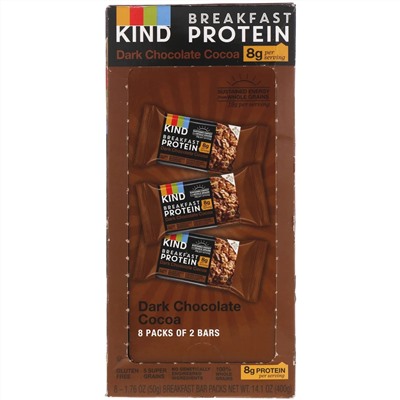 KIND Bars, Протеин для завтрака, темный шоколад, какао, 8 упаковок по 2 батончика, по 1,76 унции (50 г) каждый
