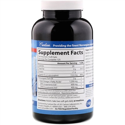 Carlson Labs, Wild Caught Super Omega-3 Gems, высокоэффективная омега-3 из морской рыбы, 1200 мг, 250 капсул