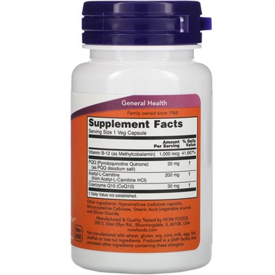Now Foods, добавка для энергии с пирролохинолинхиноном, 20 мг, 30 вегетарианских капсул