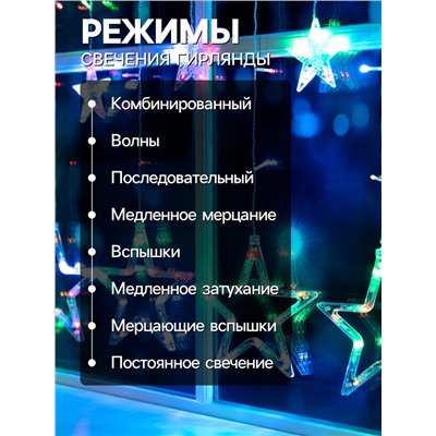 Гирлянда «Бахрома» 2.4×0.9 м с насадками «Звёзды», IP20, прозрачная нить, 138 LED, свечение мульти, 8 режимов, 220 В