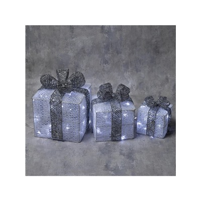 Светодиодная фигура «Подарки с серой лентой» 15, 20, 25 см, текстиль, металл, 220 В, 8 режимов, свечение белое